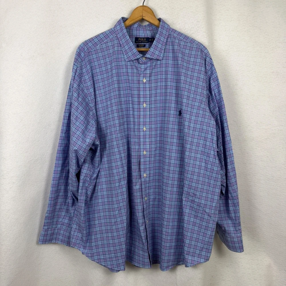 Polo Ralph Lauren Button Down Mens 4XB Plaid Stretch Blue Casual Preppy